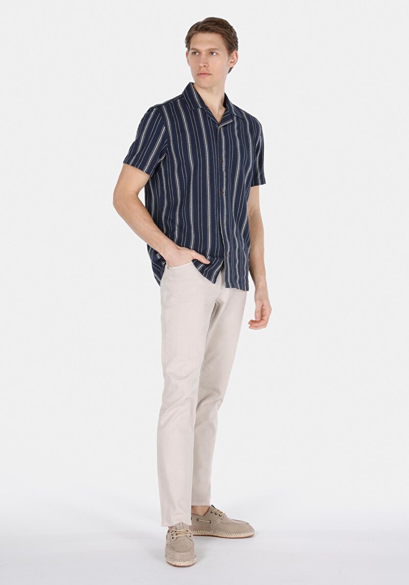 Regular Fit Pamuklu Shirt Neck Çizgili Erkek Lacivert Kısa Kol Gömlek