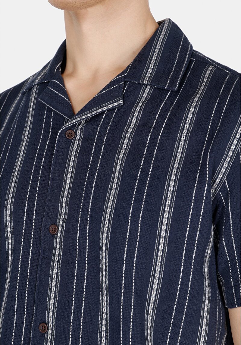 Regular Fit Pamuklu Shirt Neck Çizgili Erkek Lacivert Kısa Kol Gömlek