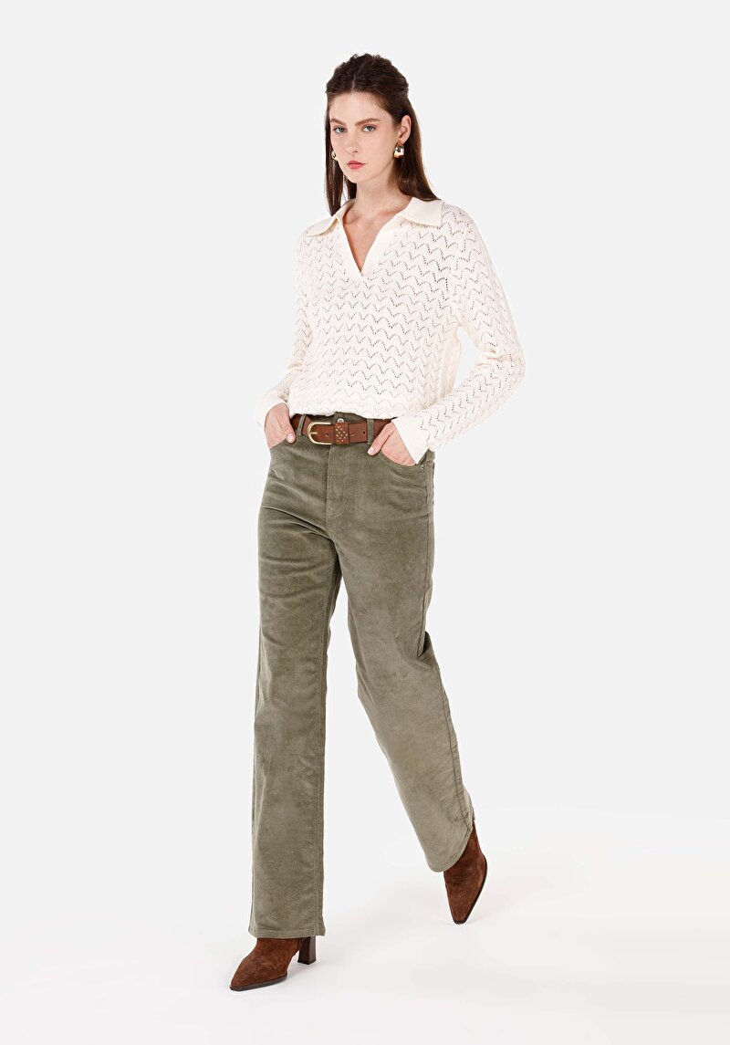 Regular Fit Yüksek Bel Geniş Paça Kadın Yeşil Pantolon