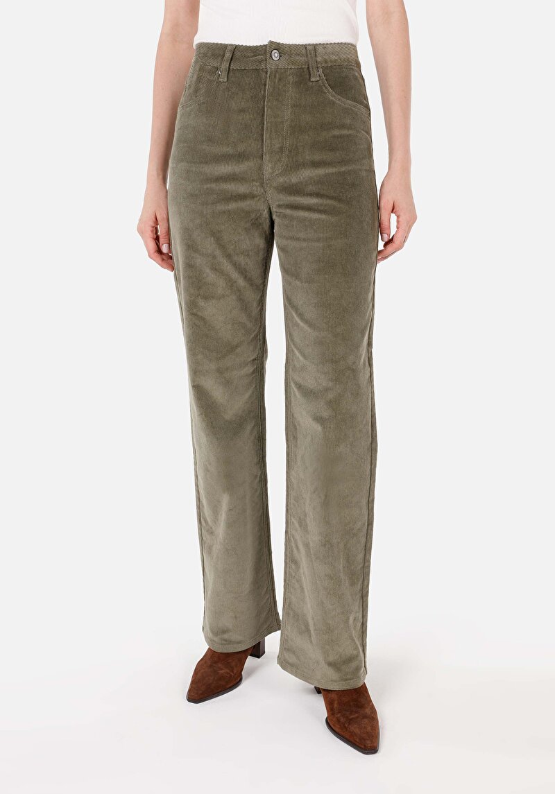 Regular Fit Yüksek Bel Geniş Paça Kadın Yeşil Pantolon