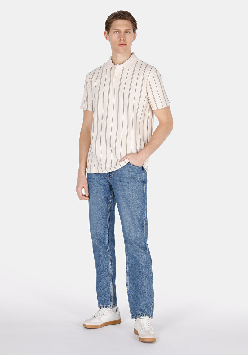 Comfort Fit Polo Yaka Jakarlı Erkek Ekru Kısa Kol Tişört