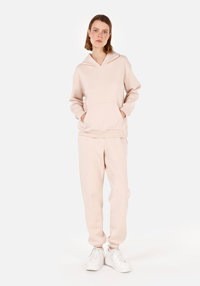 Regular Fit Kapüşonlu Düz Kadın Bej Sweatshirt