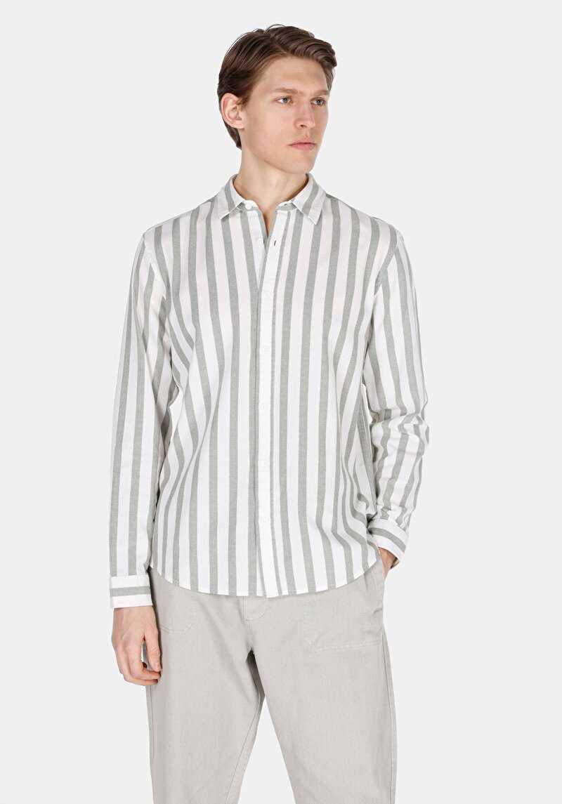 Regular Fit Shirt Pamuklu Neck Çizgili Erkek Yeşil Uzun Kol Gömlek