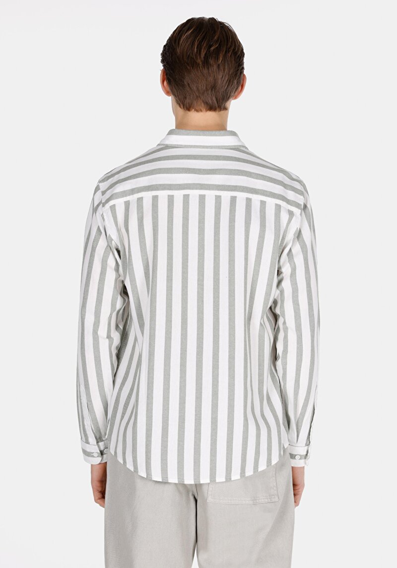 Regular Fit Shirt Pamuklu Neck Çizgili Erkek Yeşil Uzun Kol Gömlek