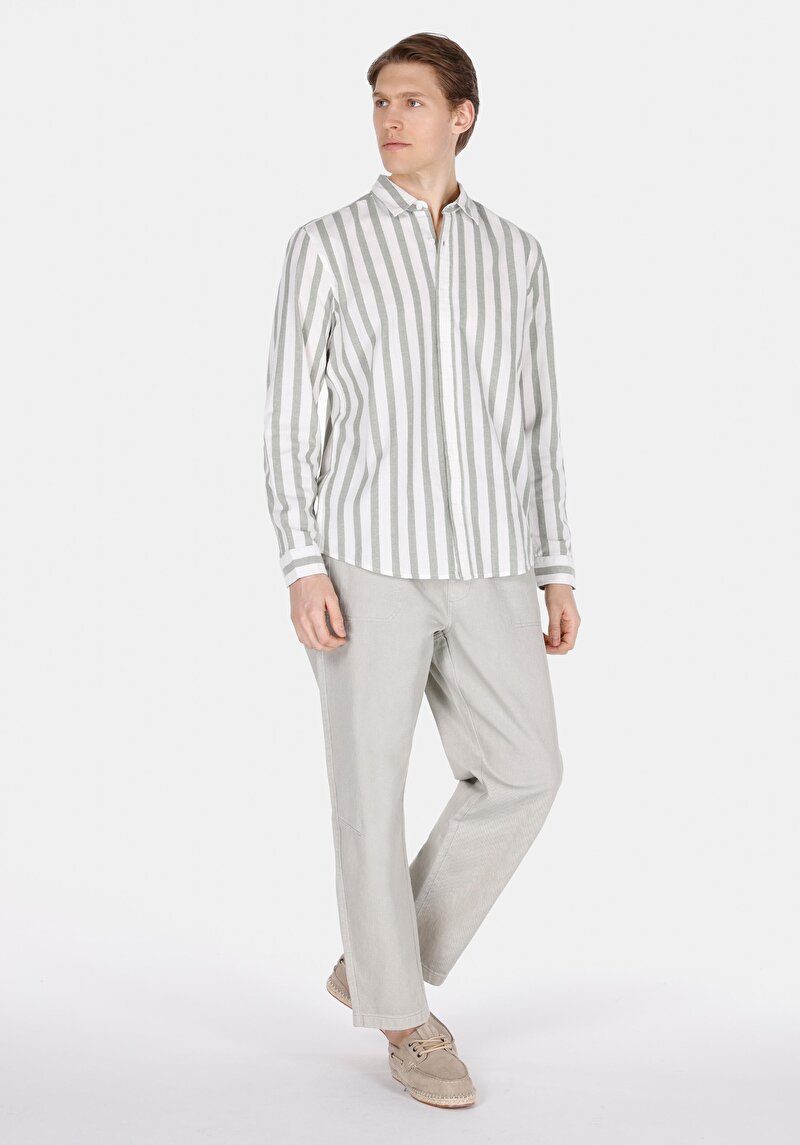 Regular Fit Shirt Pamuklu Neck Çizgili Erkek Yeşil Uzun Kol Gömlek