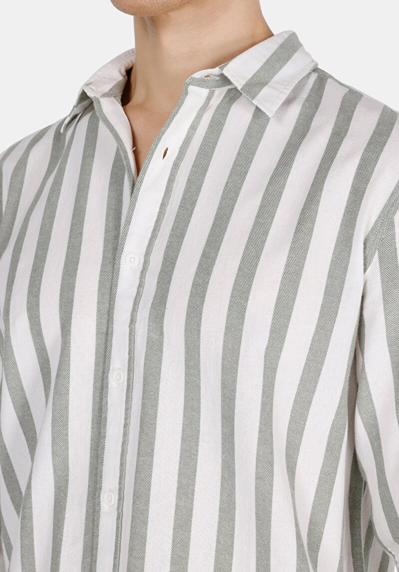 Regular Fit Shirt Pamuklu Neck Çizgili Erkek Yeşil Uzun Kol Gömlek