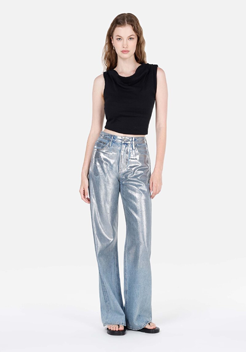 Regular Fit Yüksel Bel Geniş Paça Kadın Metalik Desenli Denim Jean Pantolon