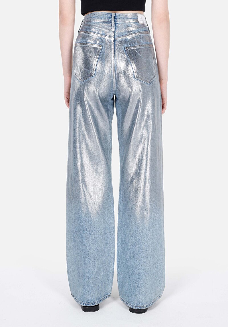 Regular Fit Yüksel Bel Geniş Paça Kadın Metalik Desenli Denim Jean Pantolon