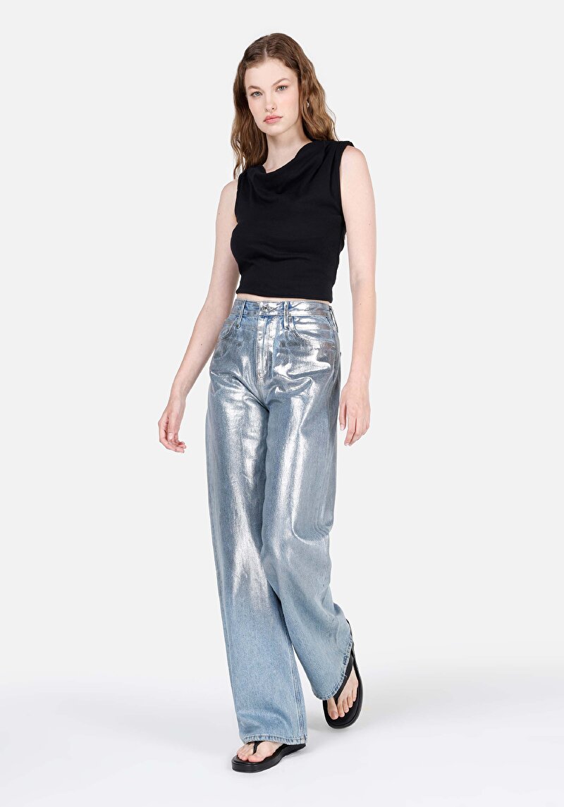 Regular Fit Yüksel Bel Geniş Paça Kadın Metalik Desenli Denim Jean Pantolon