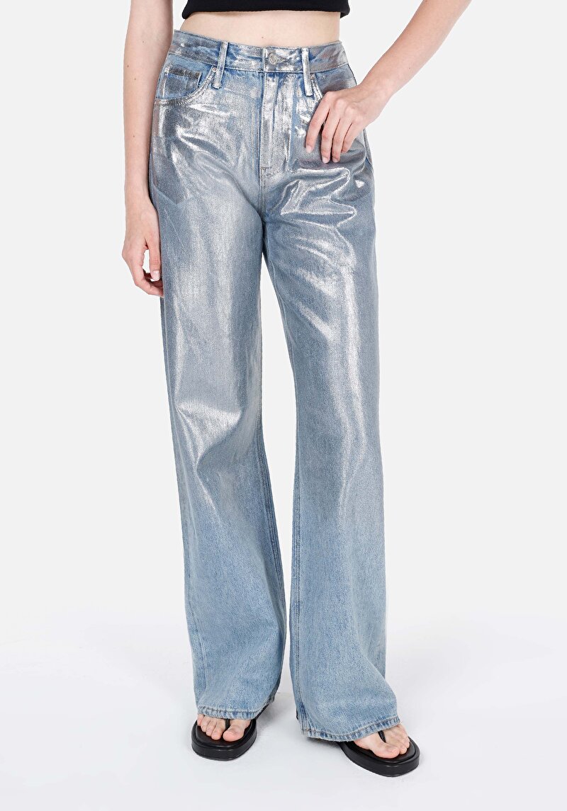 Regular Fit Yüksel Bel Geniş Paça Kadın Metalik Desenli Denim Jean Pantolon