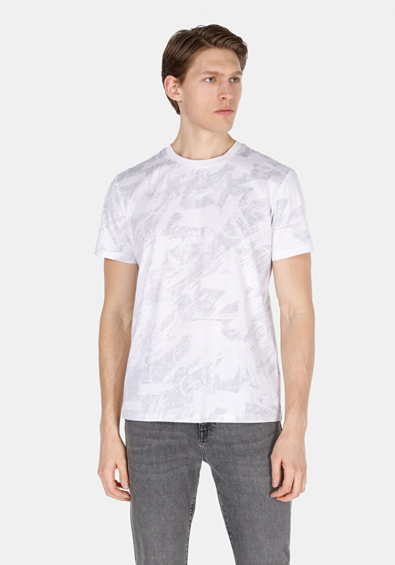 Regular Fit Yuvarlak Yaka Baskılı Erkek Beyaz Kısa Kol Tişört