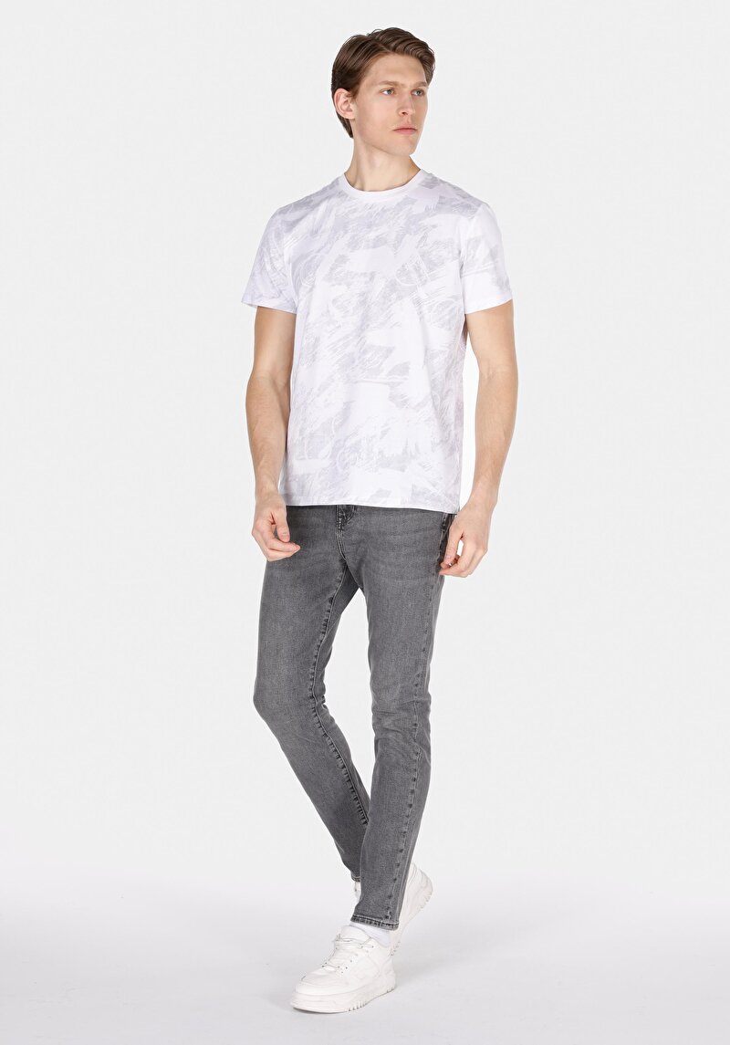 Regular Fit Yuvarlak Yaka Baskılı Erkek Beyaz Kısa Kol Tişört