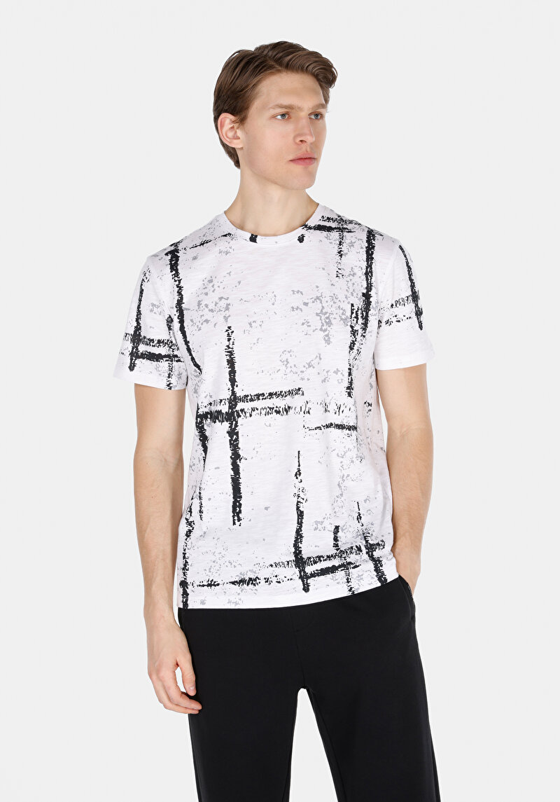 Regular Fit Yuvarlak Yaka Baskılı Erkek Beyaz Kısa Kol Tişört