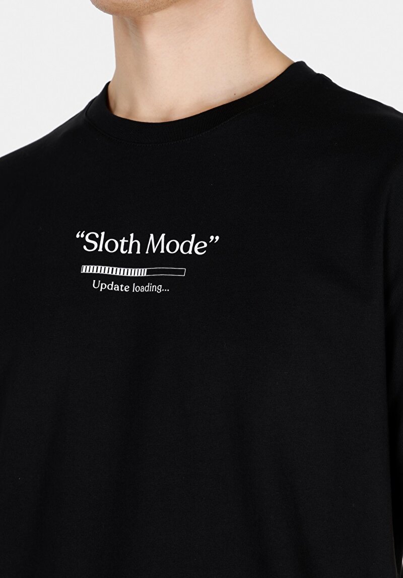 Comfort Fit Yuvarlak Yaka Düz Erkek Baskılı Siyah Kısa Kol Tişört