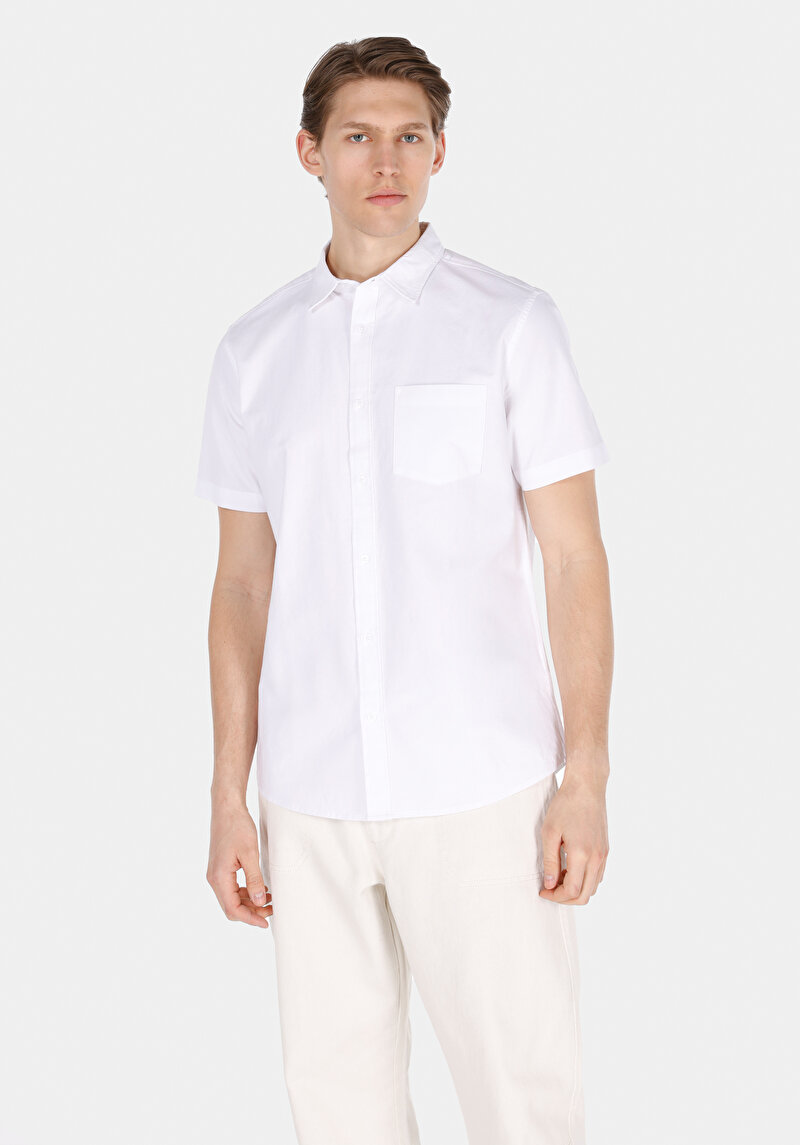 Regular Fit Shirt Neck Düz Erkek Beyaz Kısa Kol Gömlek