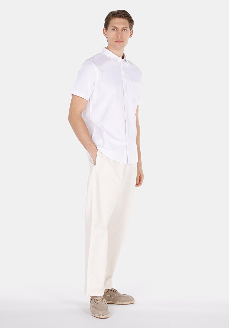 Regular Fit Shirt Neck Düz Erkek Beyaz Kısa Kol Gömlek