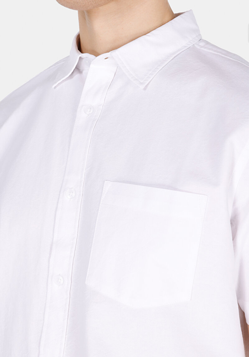 Regular Fit Shirt Neck Düz Erkek Beyaz Kısa Kol Gömlek