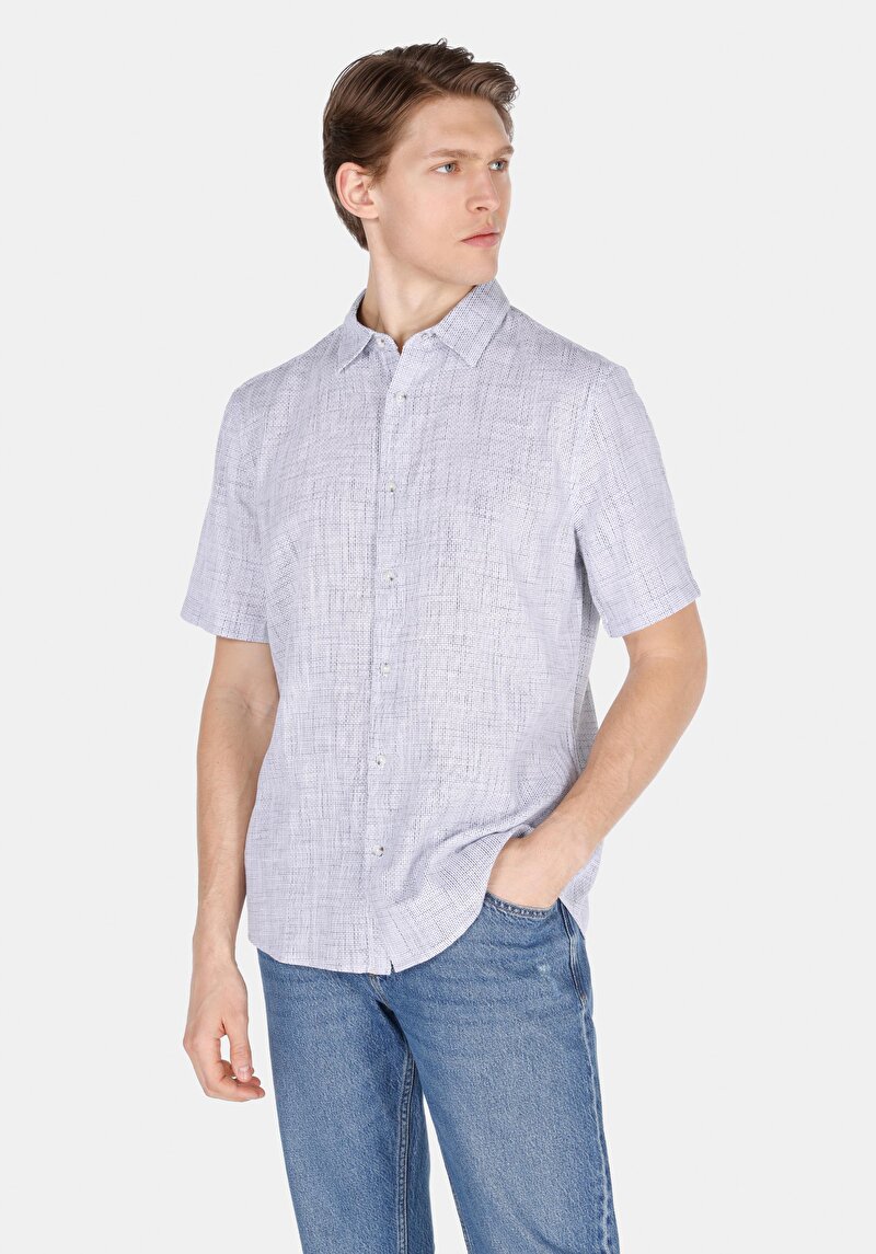 Regular Fit Shirt Neck Pamuklu Düz Erkek Mavi Uzun Kol Gömlek
