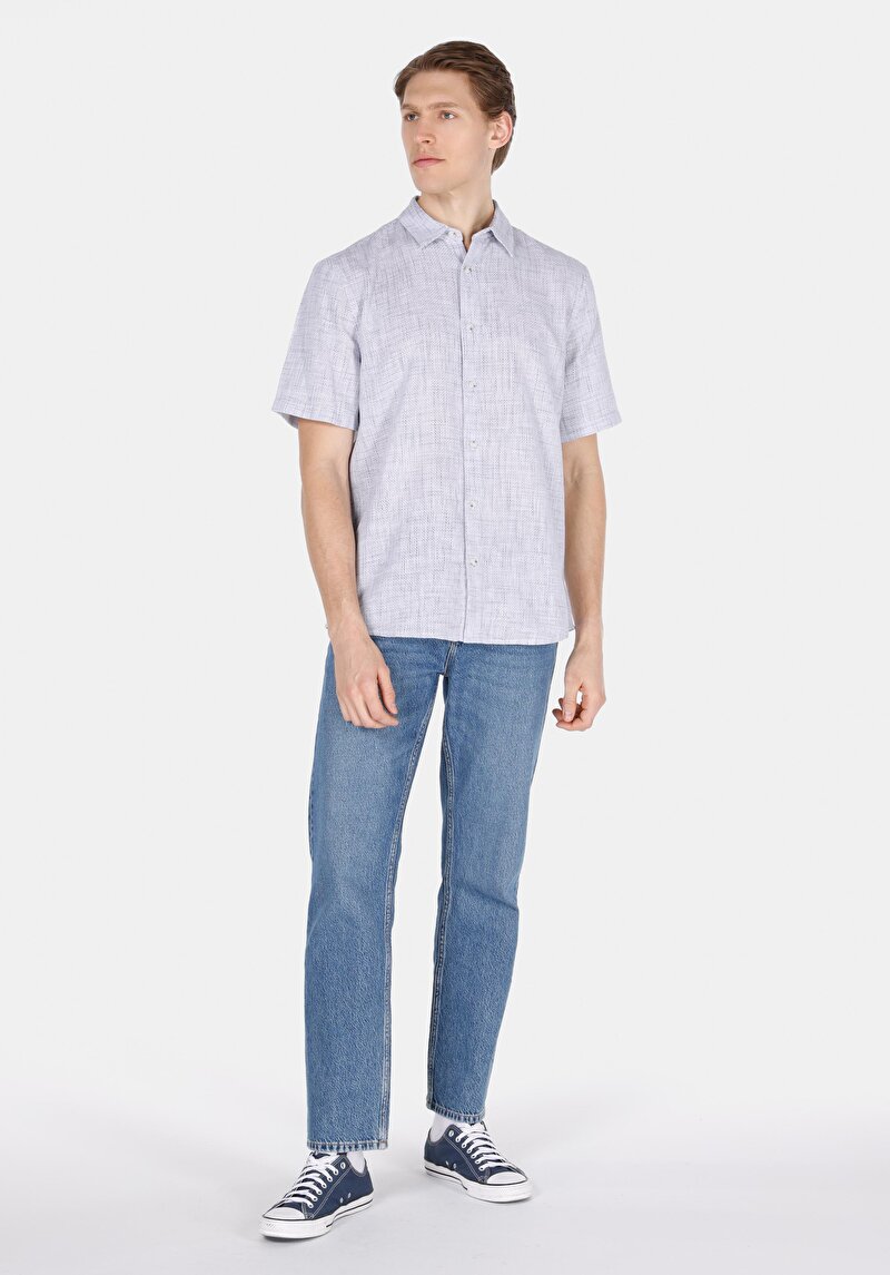 Regular Fit Shirt Neck Pamuklu Düz Erkek Mavi Uzun Kol Gömlek