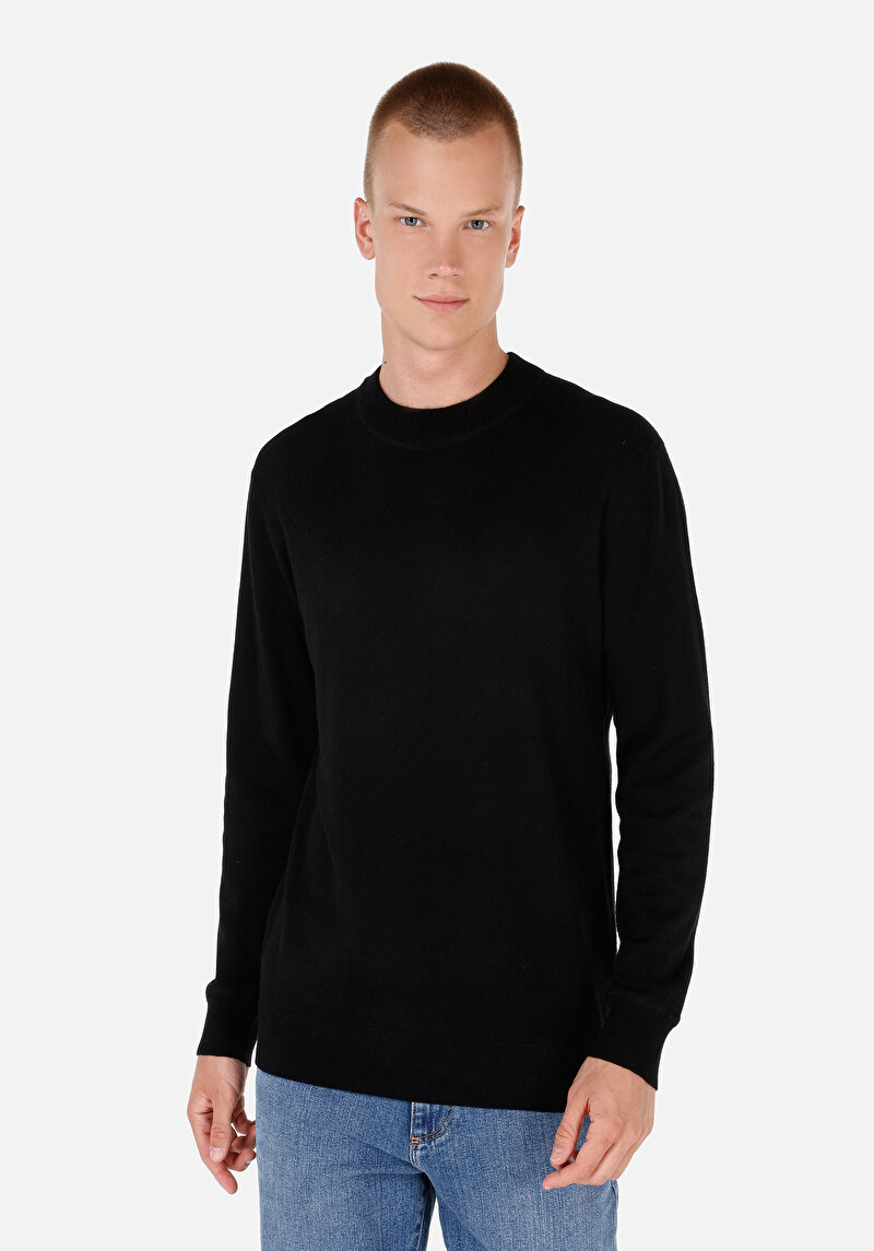 Regular Fit Yuvarlak Yaka Jakarlı Erkek Siyah Kazak