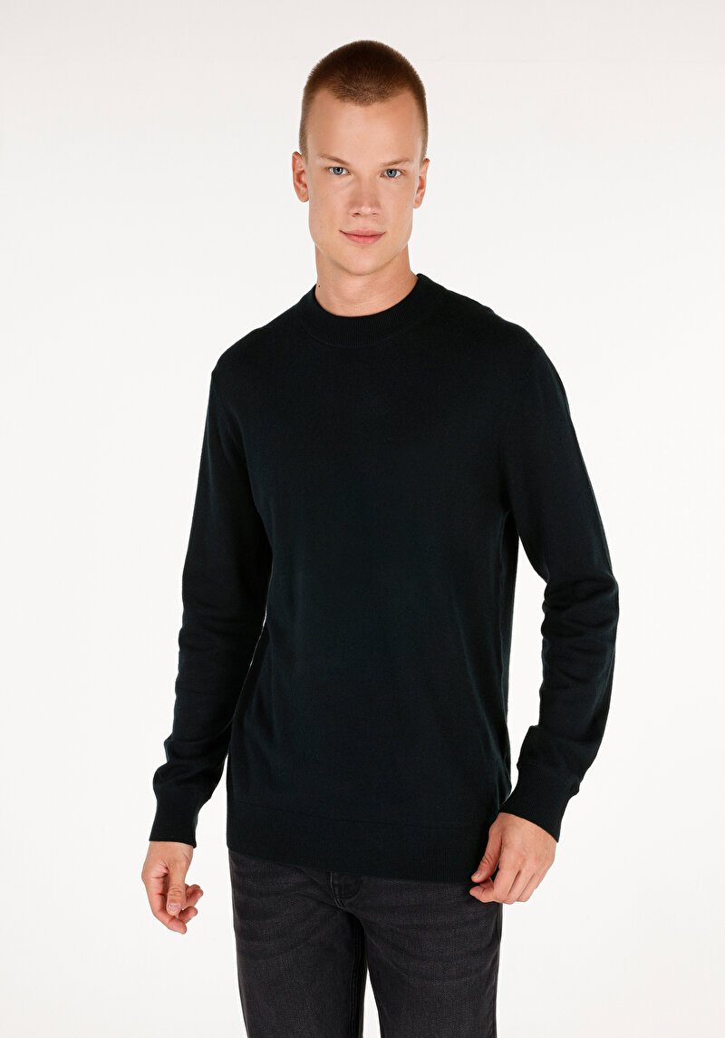 Regular Fit Yuvarlak Yaka Jakarlı Erkek Yeşil Kazak