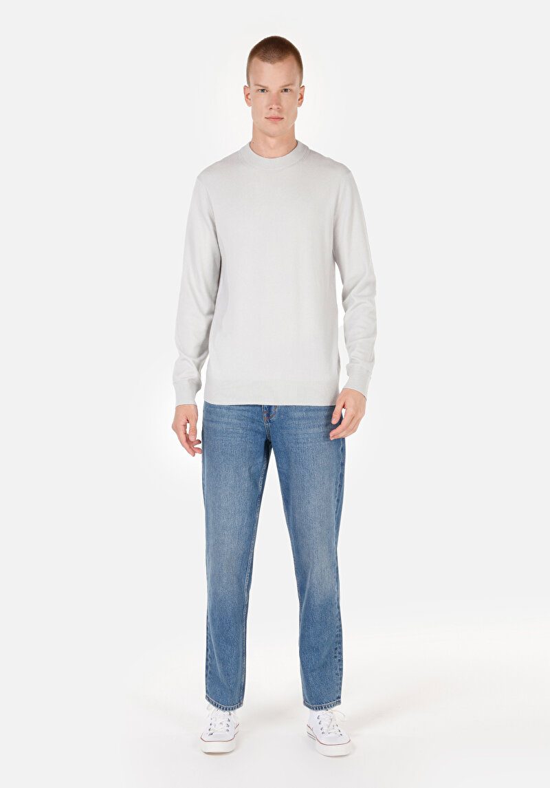 Regular Fit Yuvarlak Yaka Jakarlı Erkek Gri Kazak