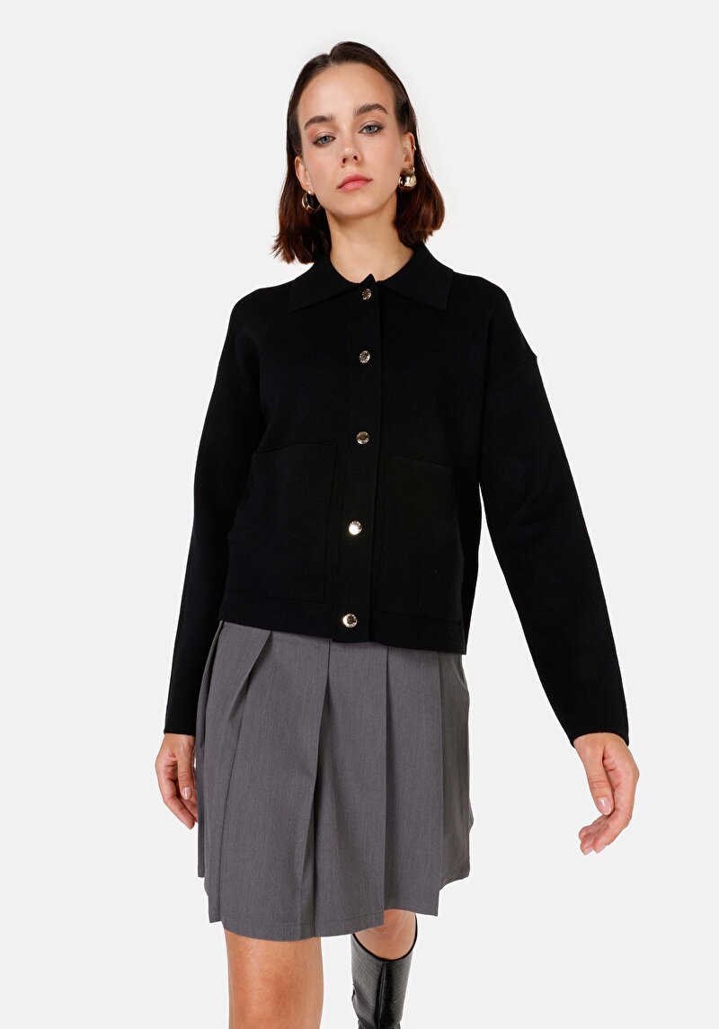 Regular Fit Düğmeli Kadın Siyah Hırka