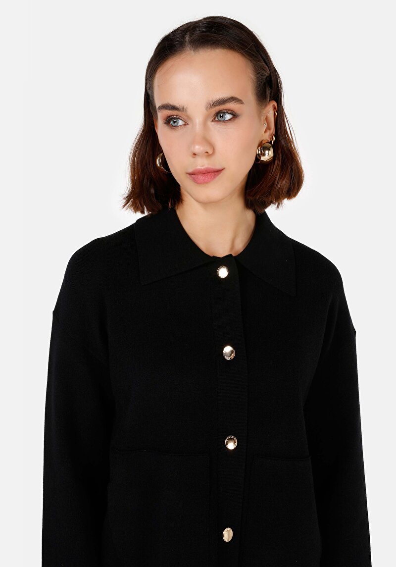 Regular Fit Düğmeli Kadın Siyah Hırka