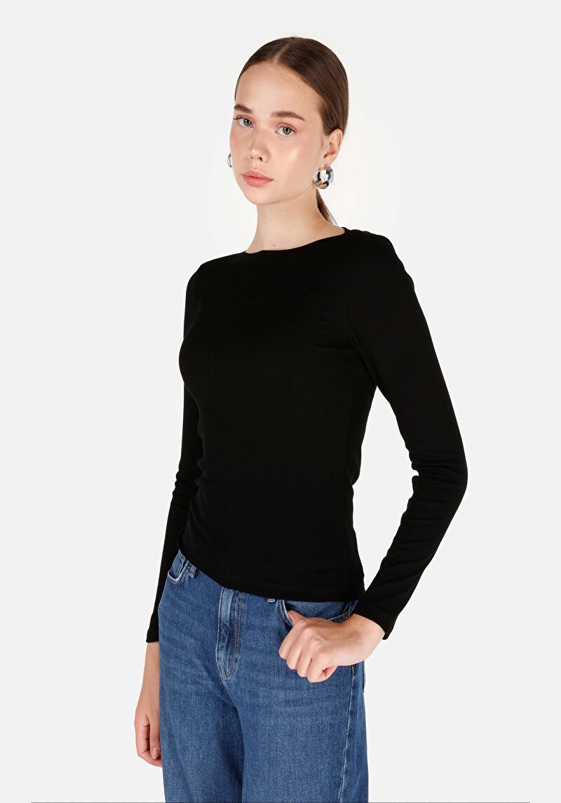 Slim Fit Kayık Yaka Düz Kadın Siyah Uzun Kol Tişört