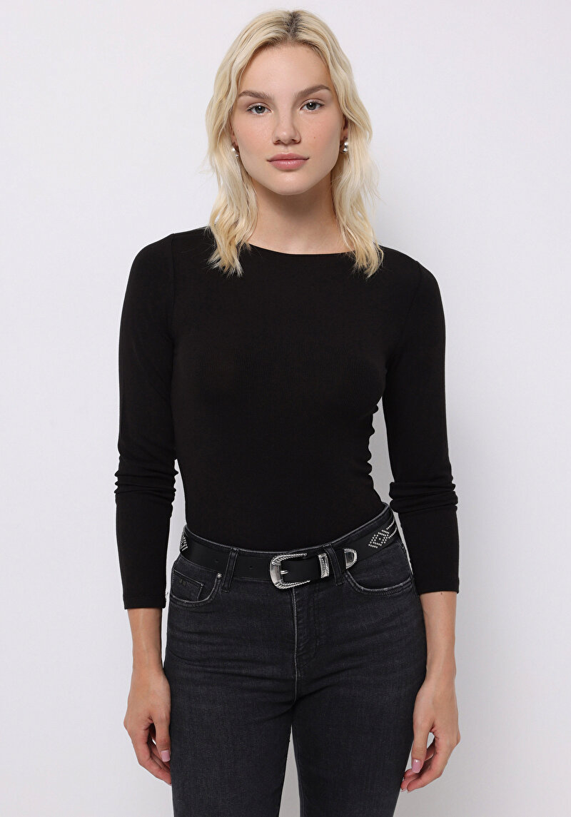 Slim Fit Kayık Yaka Düz Kadın Siyah Uzun Kol Tişört
