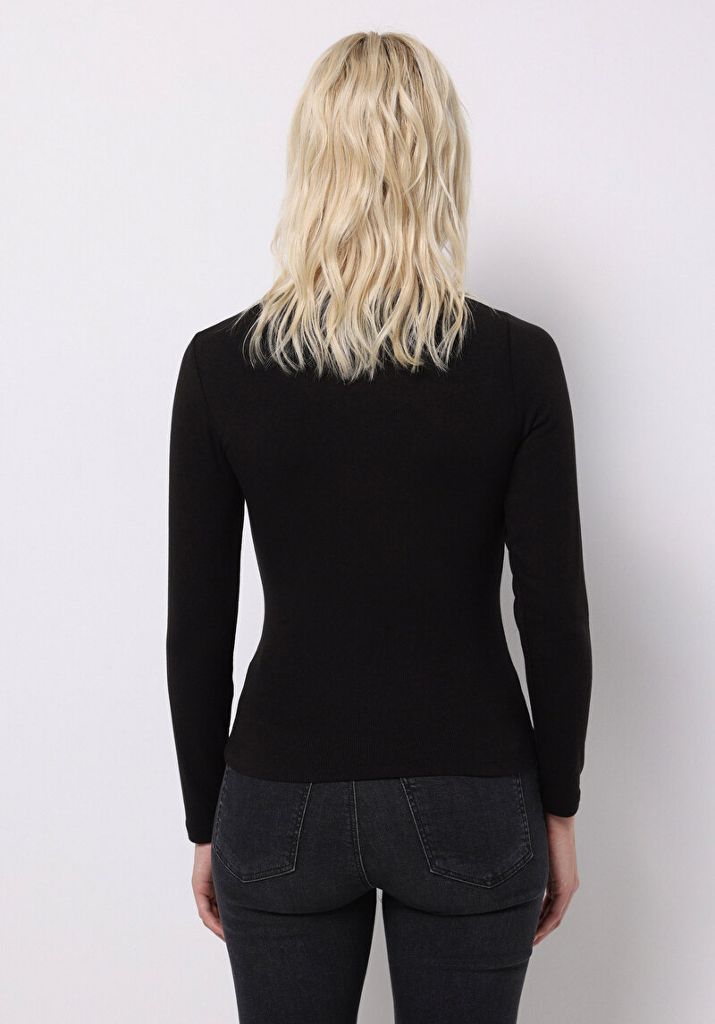 Slim Fit Kayık Yaka Düz Kadın Siyah Uzun Kol Tişört