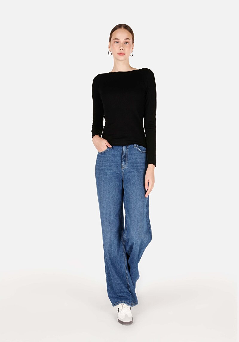 Slim Fit Kayık Yaka Düz Kadın Siyah Uzun Kol Tişört