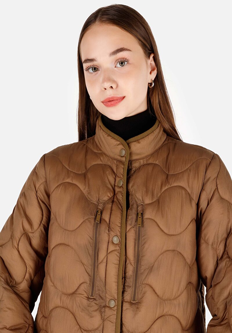 Regular Fit Dik Yaka Kadın Kahverengi Mont