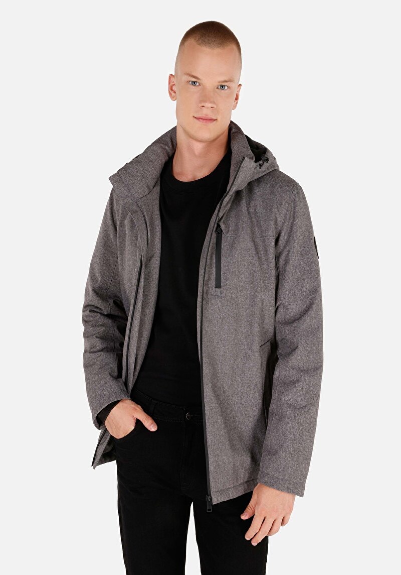 Regular Fit Kapüşonlu Erkek Gri Mont