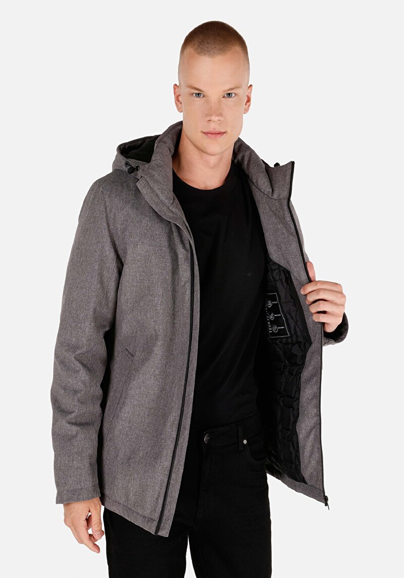 Regular Fit Kapüşonlu Erkek Gri Mont