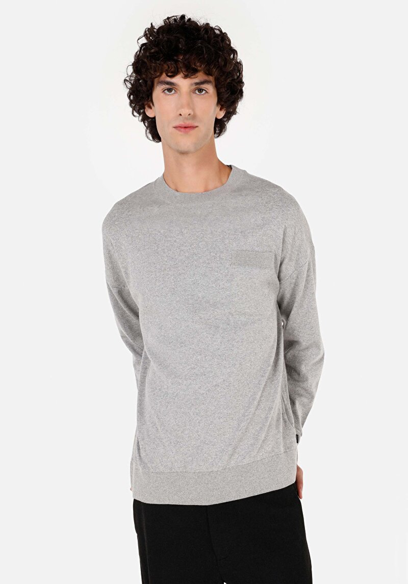 Comfort Fit Yuvarlak Yaka Jakarlı Erkek Gri Kazak