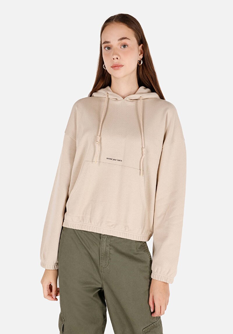 Regular Fit Kapüşonlu Kadın Bej Sweatshirt