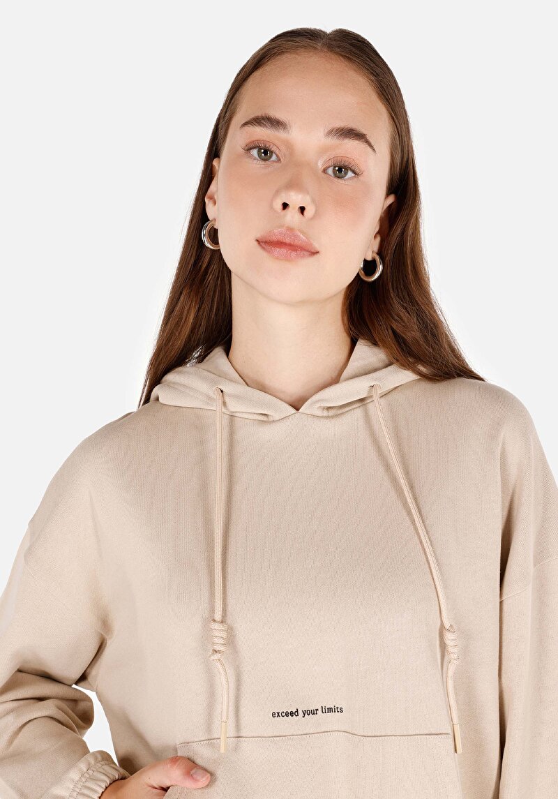 Regular Fit Kapüşonlu Kadın Bej Sweatshirt
