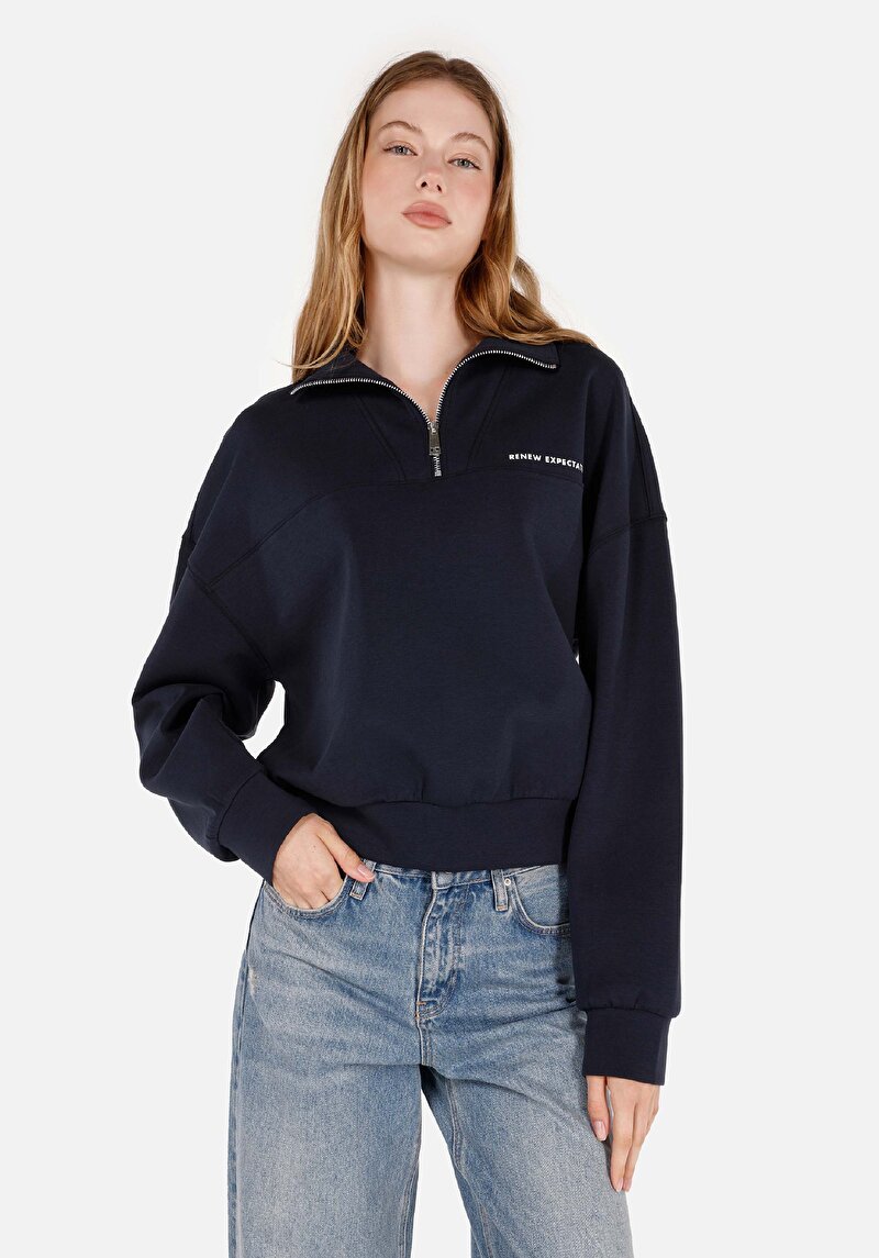 Regular Fit Örme Fermuarlı Kadın Lacivert Sweatshirt