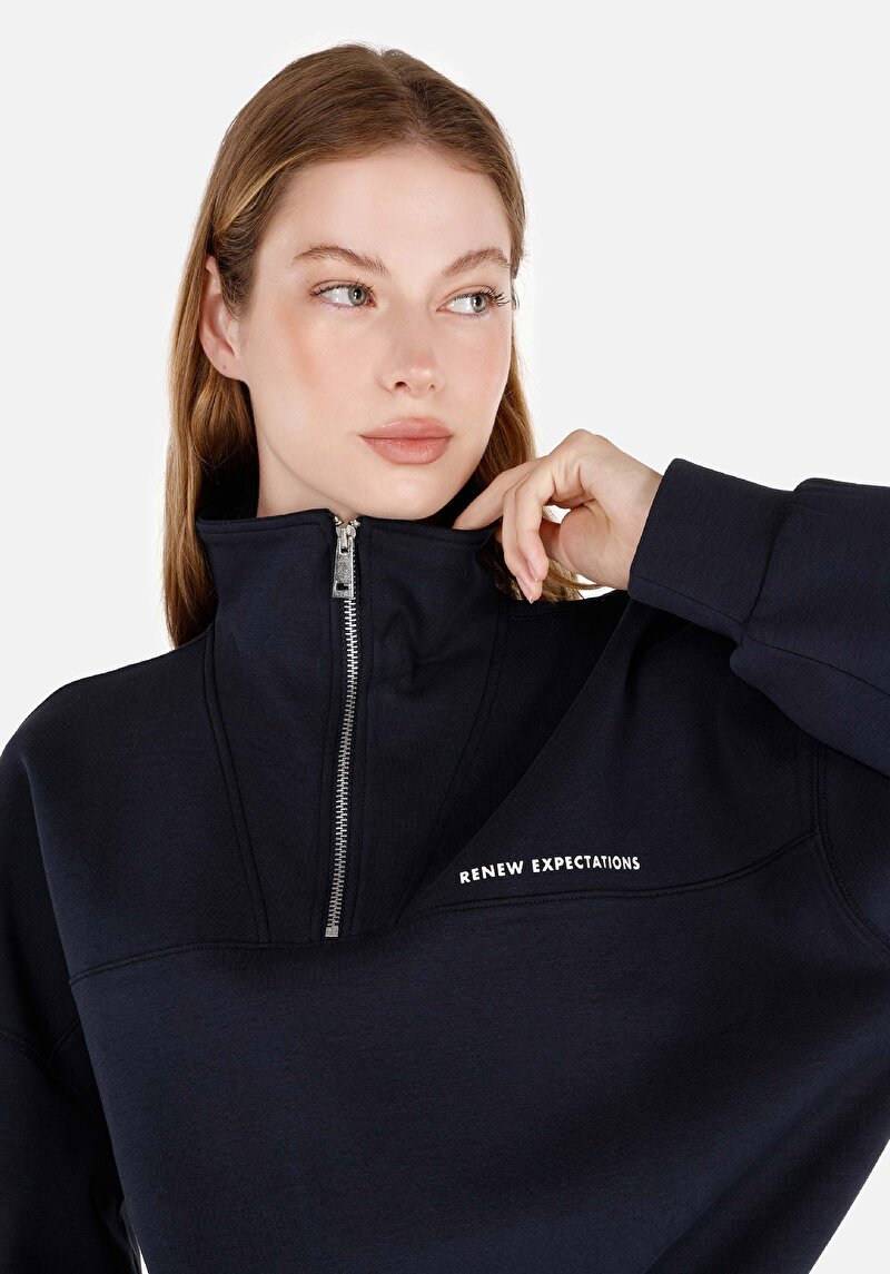 Regular Fit Fermuarlı  Kadın Lacivert Sweatshirt