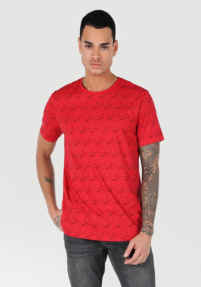 Regular Fit Yuvarlak Yaka Baskılı Erkek Kirmizi Kısa Kol Tişört