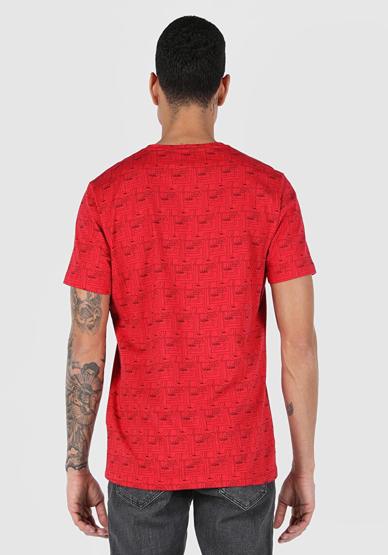 Regular Fit Yuvarlak Yaka Baskılı Erkek Kirmizi Kısa Kol Tişört