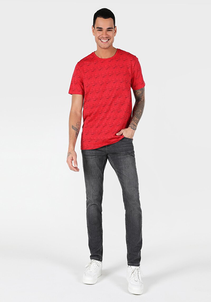 Regular Fit Yuvarlak Yaka Baskılı Erkek Kirmizi Kısa Kol Tişört