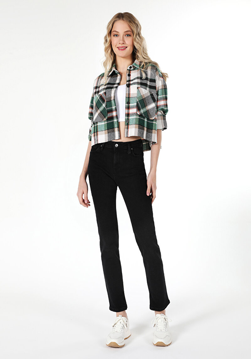 Regular Fit Shirt Neck Ekoseli Kadın Yeşil Uzun Kol Gömlek