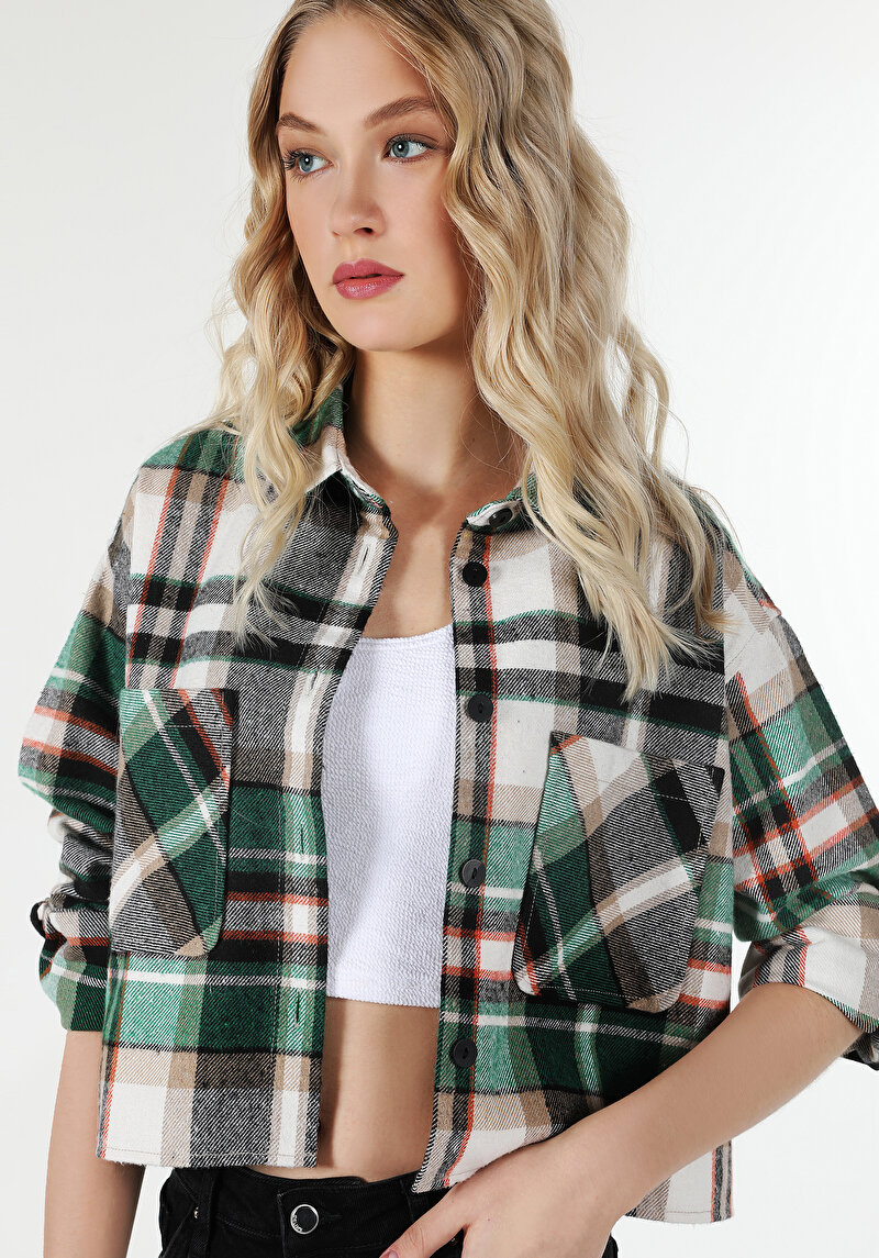 Regular Fit Shirt Neck Ekoseli Kadın Yeşil Uzun Kol Gömlek