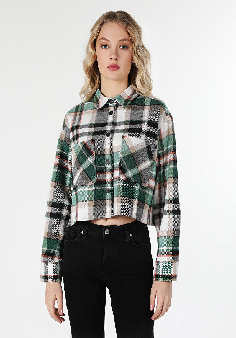 Regular Fit Shirt Neck Ekoseli Kadın Yeşil Uzun Kol Gömlek