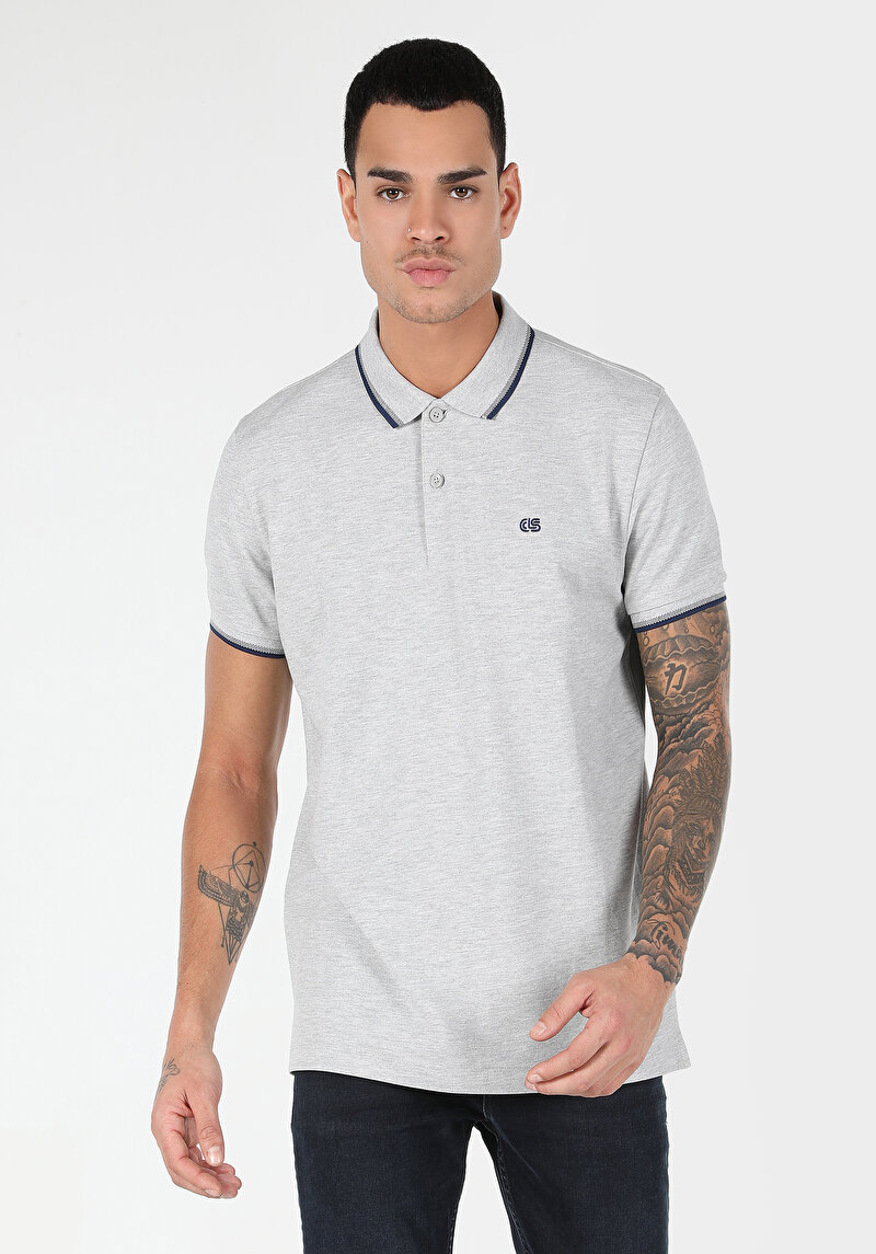 Regular Fit Polo Yaka Düz Erkek Gri Kısa Kol Tişört