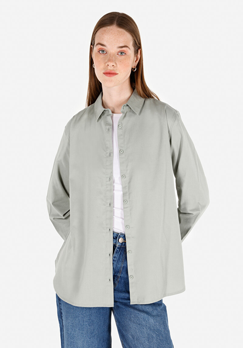 Regular Fit Shirt Neck Cepsiz Düz Kadın Yeşil Uzun Kol Gömlek
