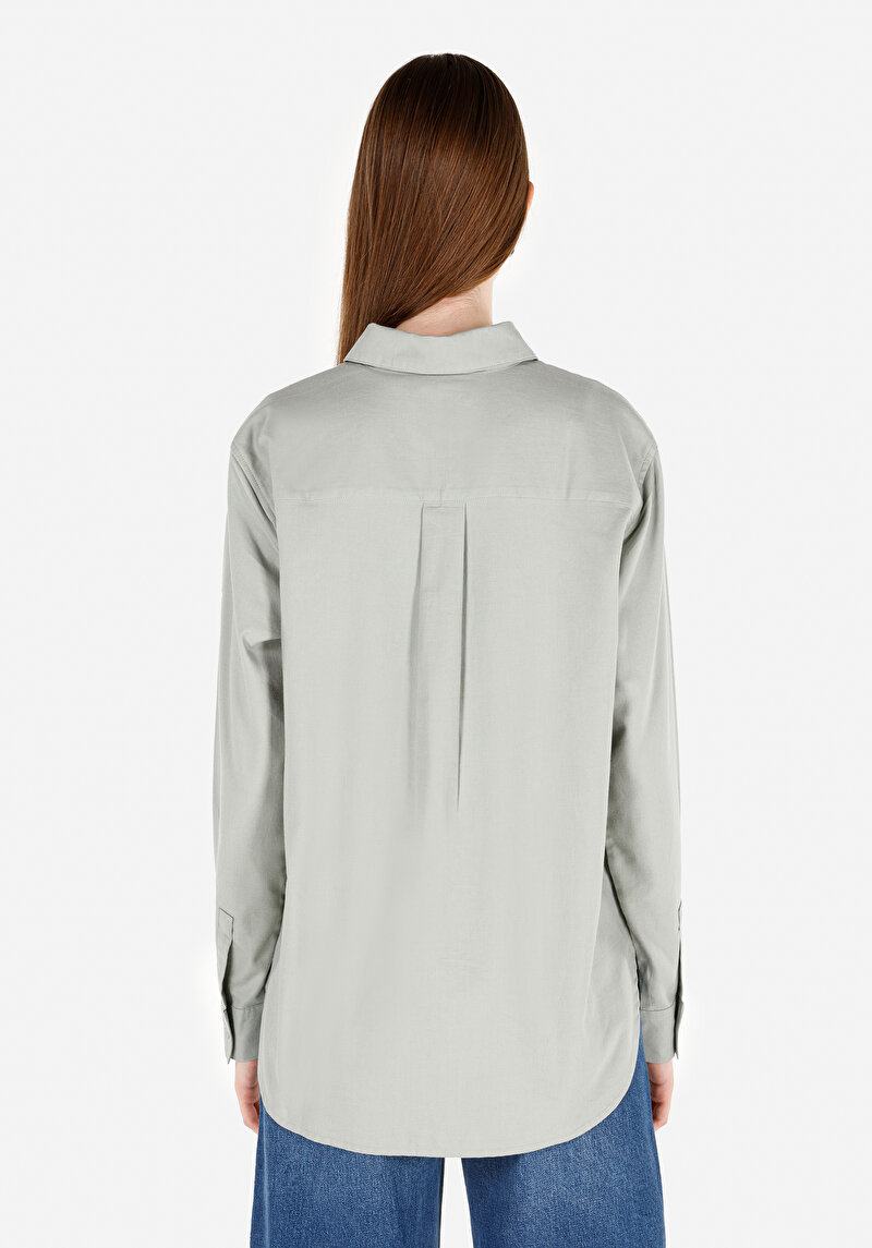 Regular Fit Shirt Neck Cepsiz Düz Kadın Yeşil Uzun Kol Gömlek