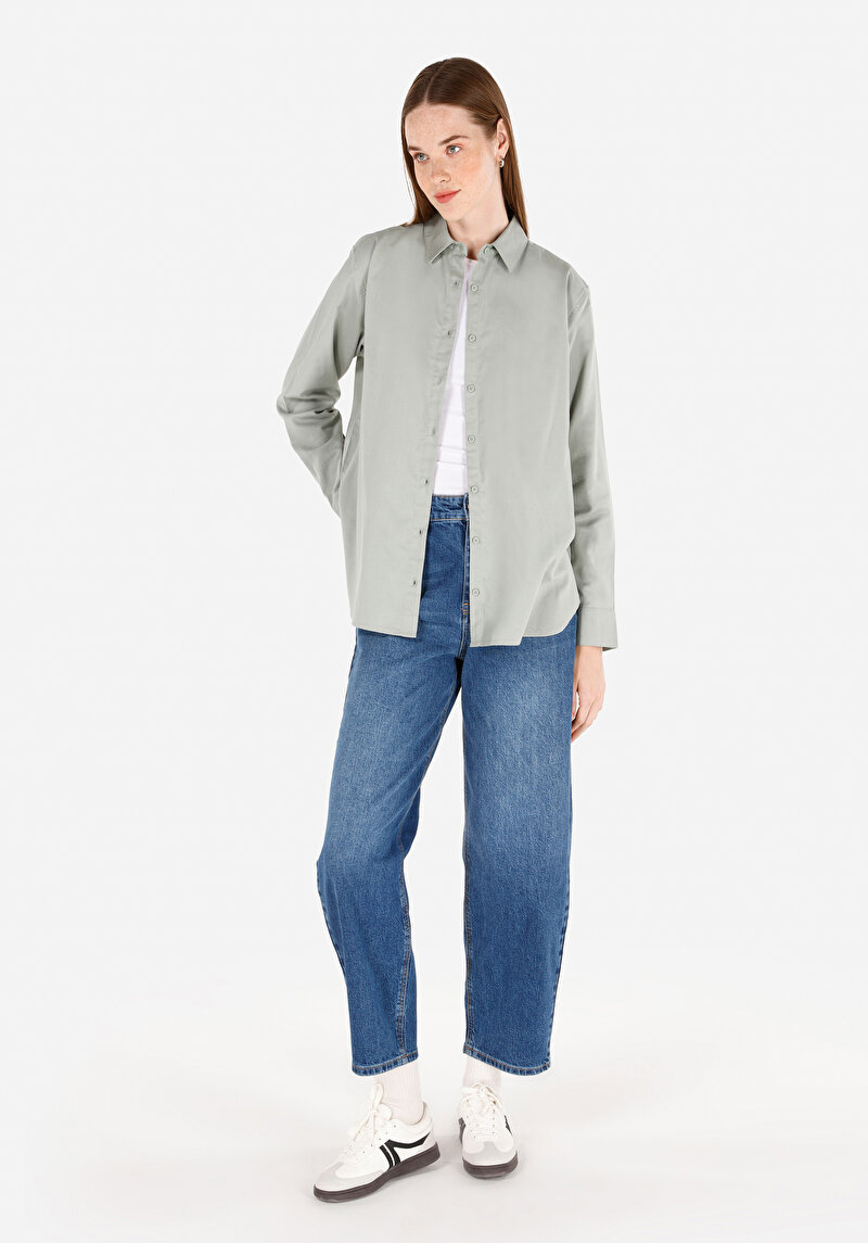Regular Fit Shirt Neck Cepsiz Düz Kadın Yeşil Uzun Kol Gömlek